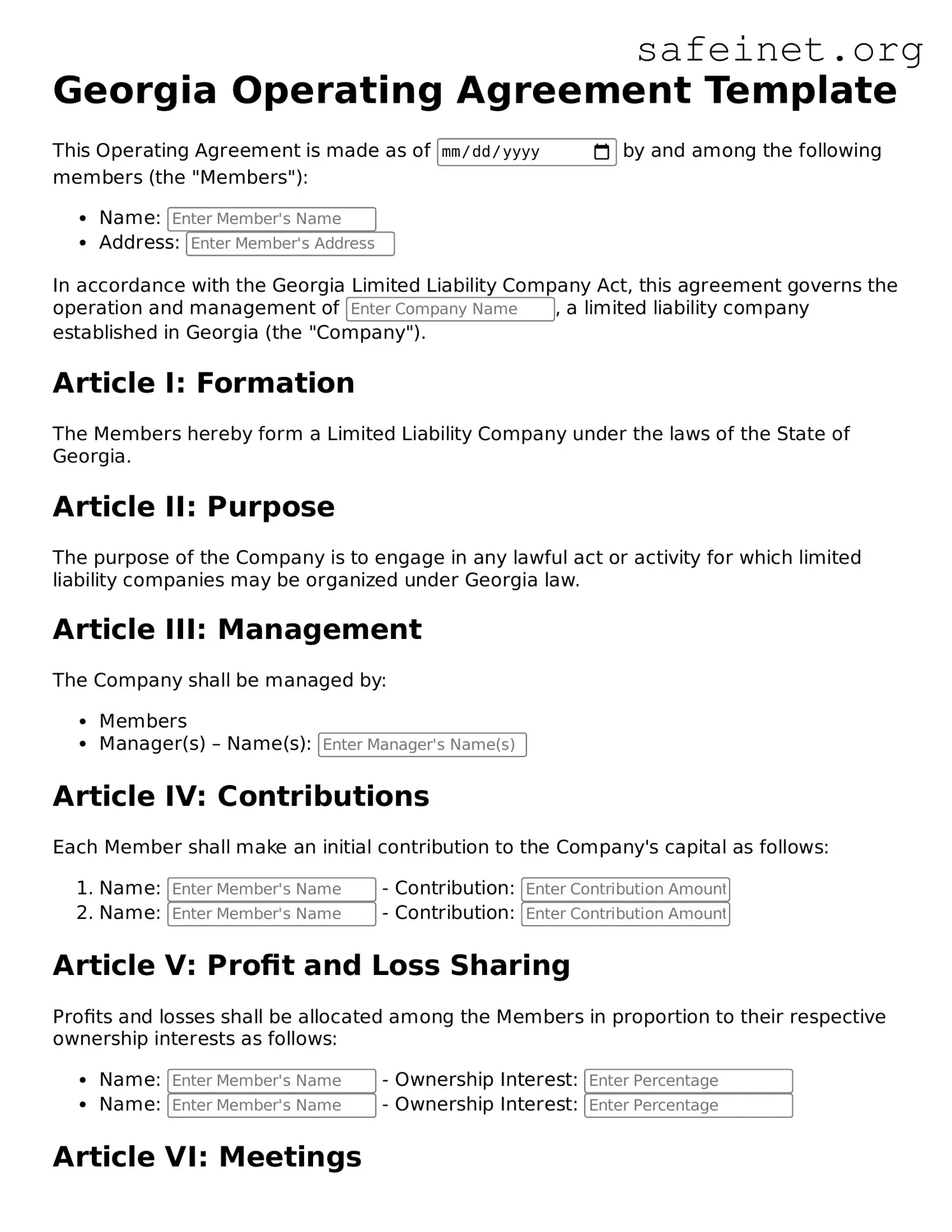 Valid Operating Agreement Template for the State of Georgia