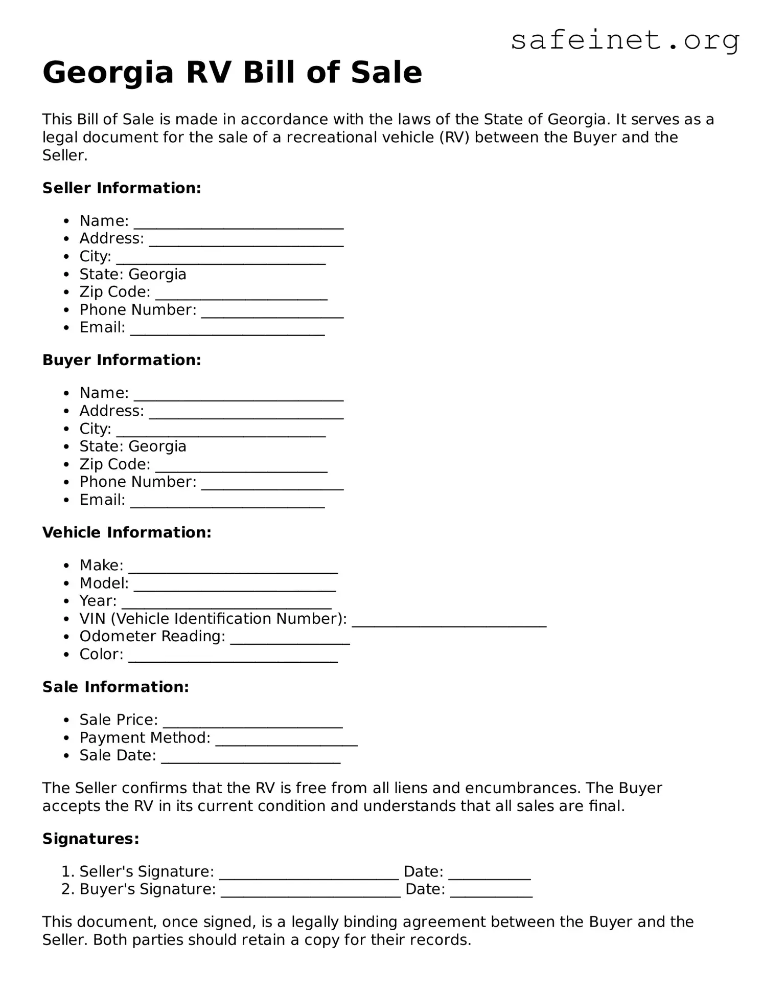 Valid RV Bill of Sale Template for the State of Georgia