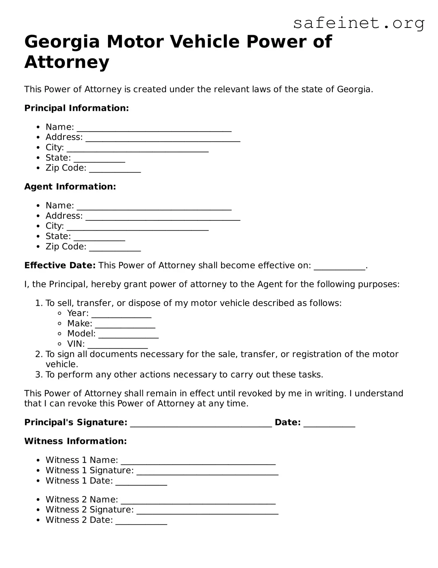 Valid Motor Vehicle Power of Attorney Template for the State of Georgia