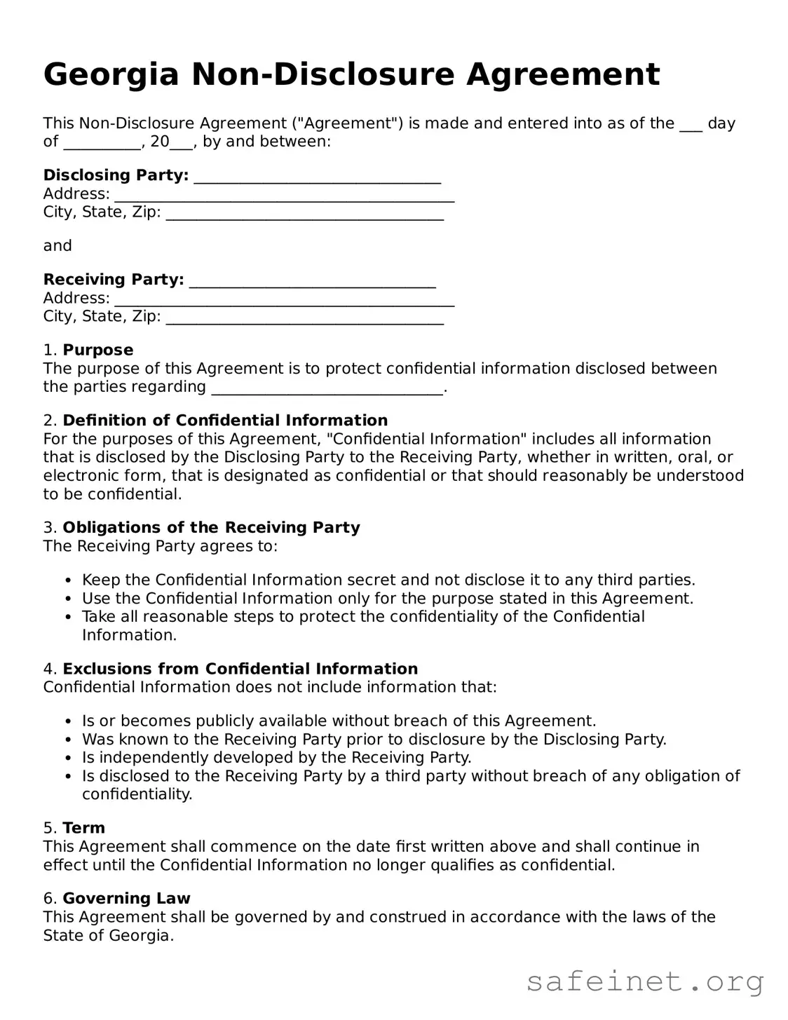 Valid Non-disclosure Agreement Template for the State of Georgia
