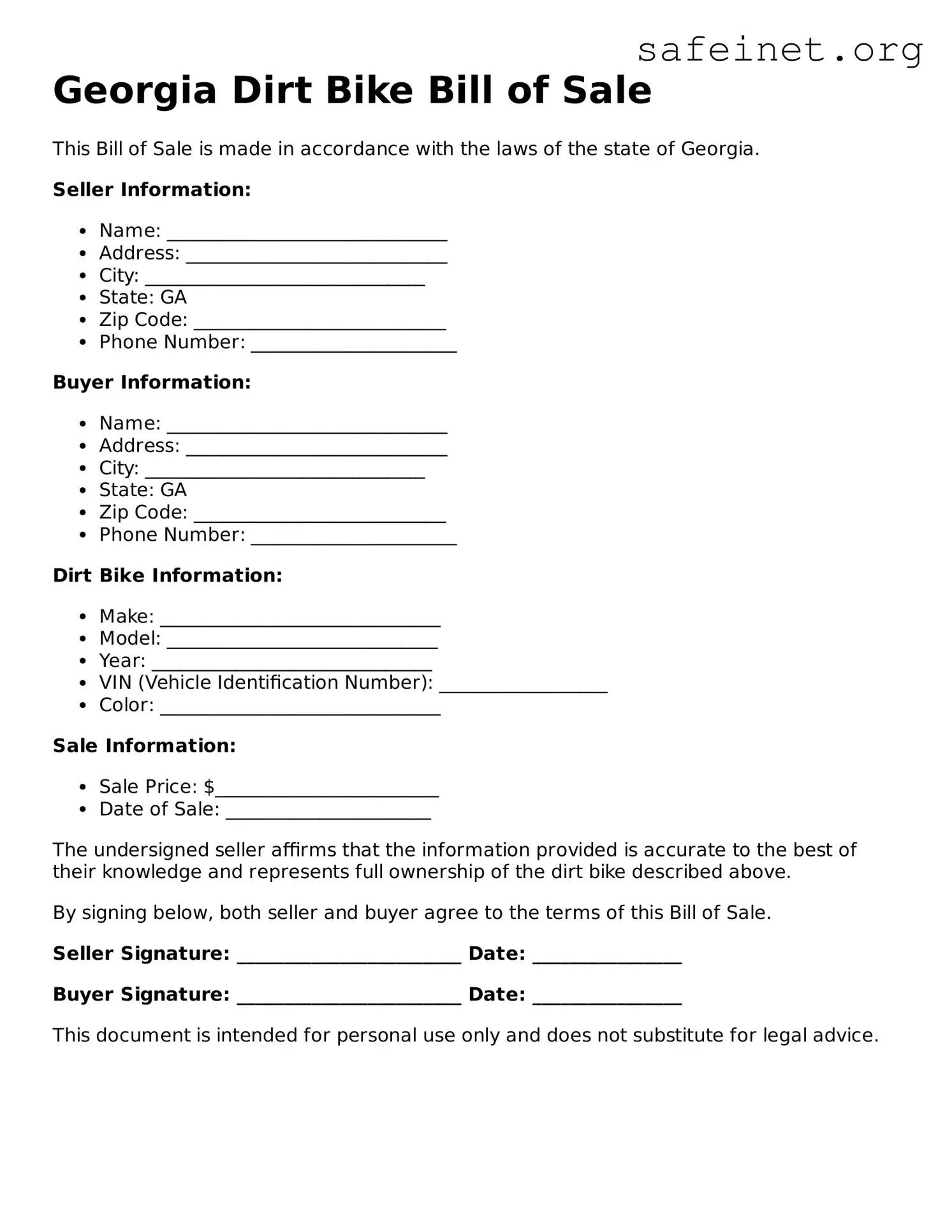 Valid Dirt Bike Bill of Sale Template for the State of Georgia