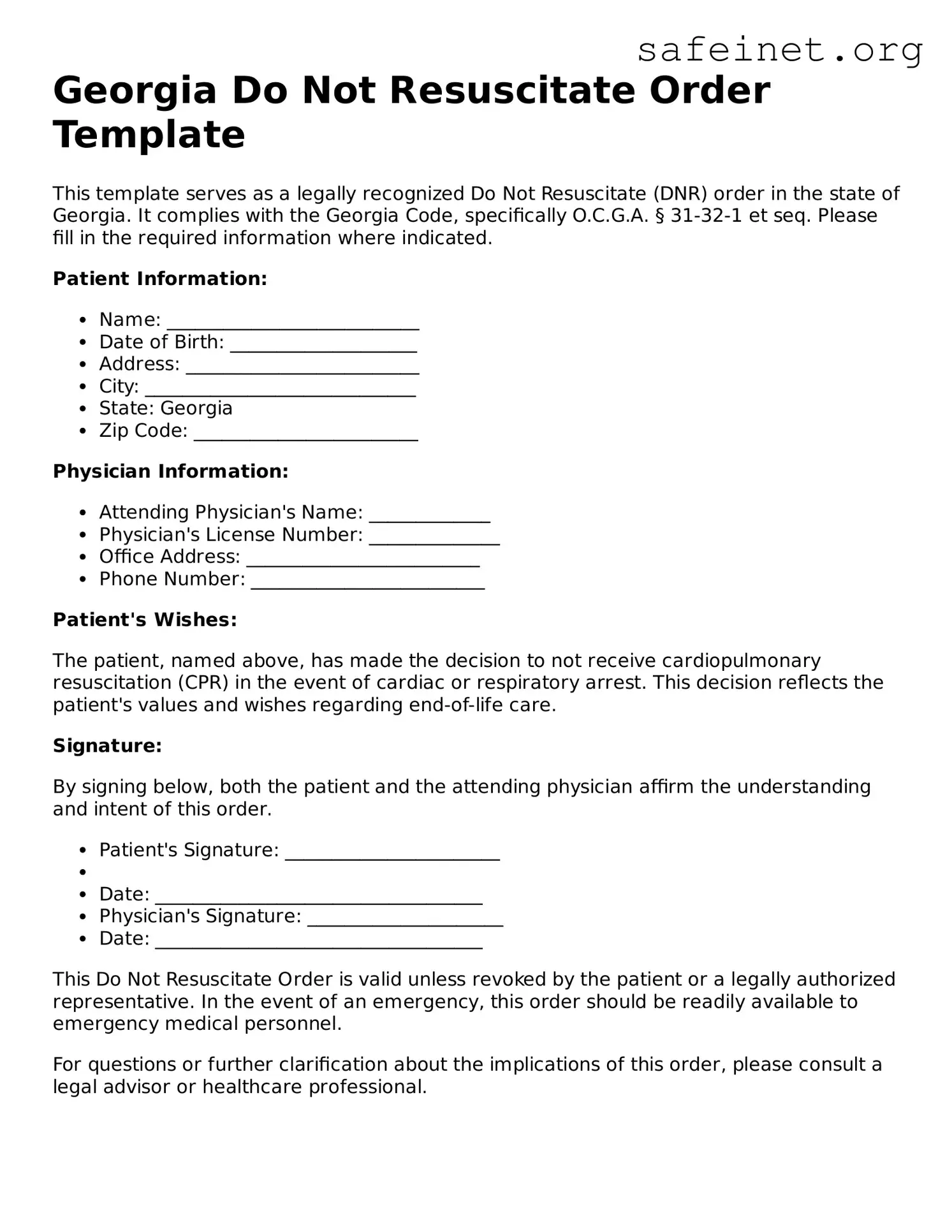 Valid Do Not Resuscitate Order Template for the State of Georgia