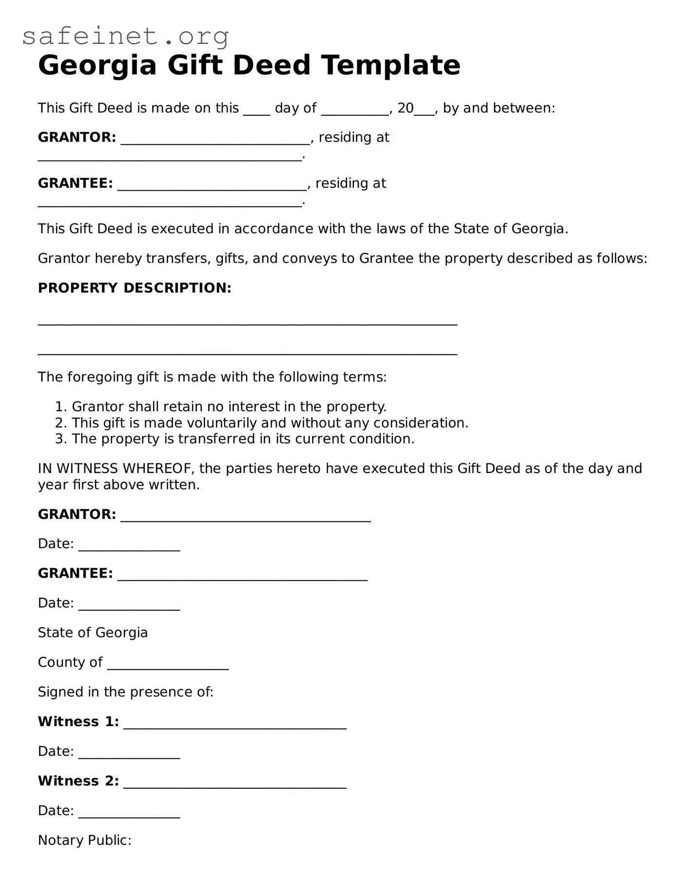 Valid Gift Deed Template for the State of Georgia
