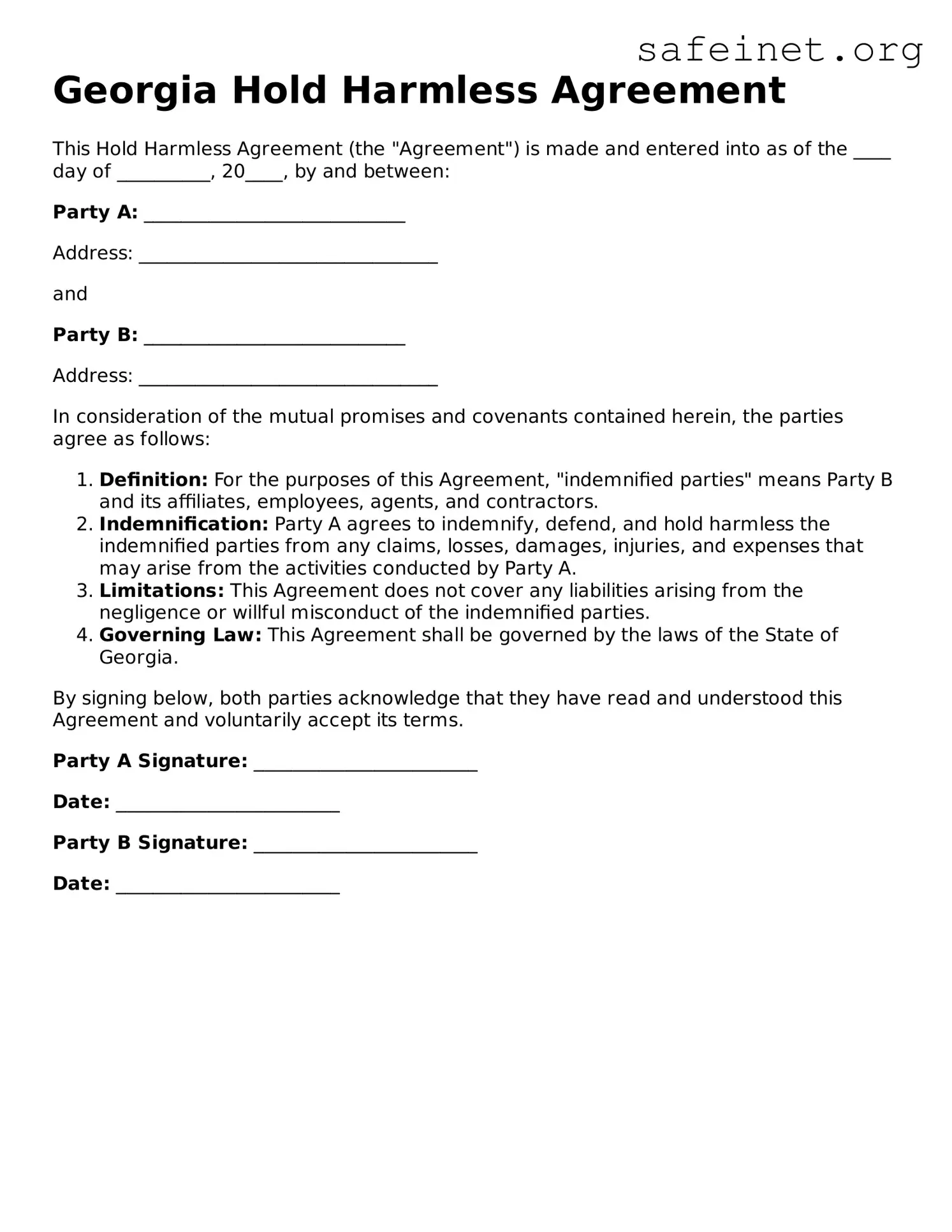 Valid Hold Harmless Agreement Template for the State of Georgia
