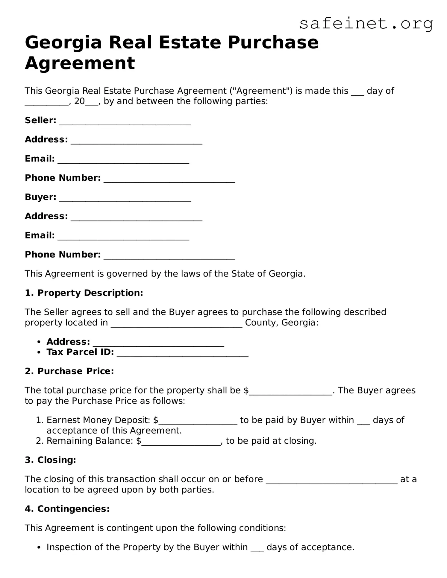 Valid Real Estate Purchase Agreement Template for the State of Georgia