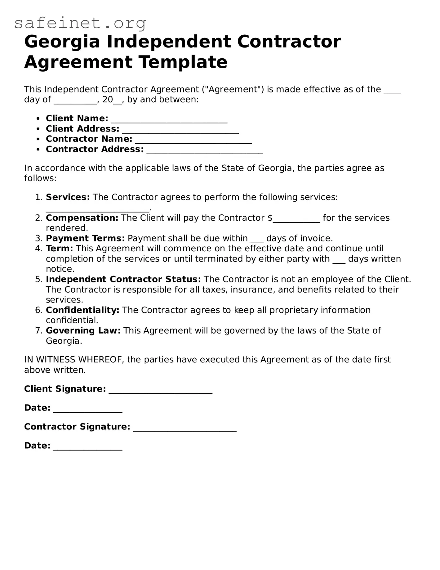 Valid Independent Contractor Agreement Template for the State of Georgia