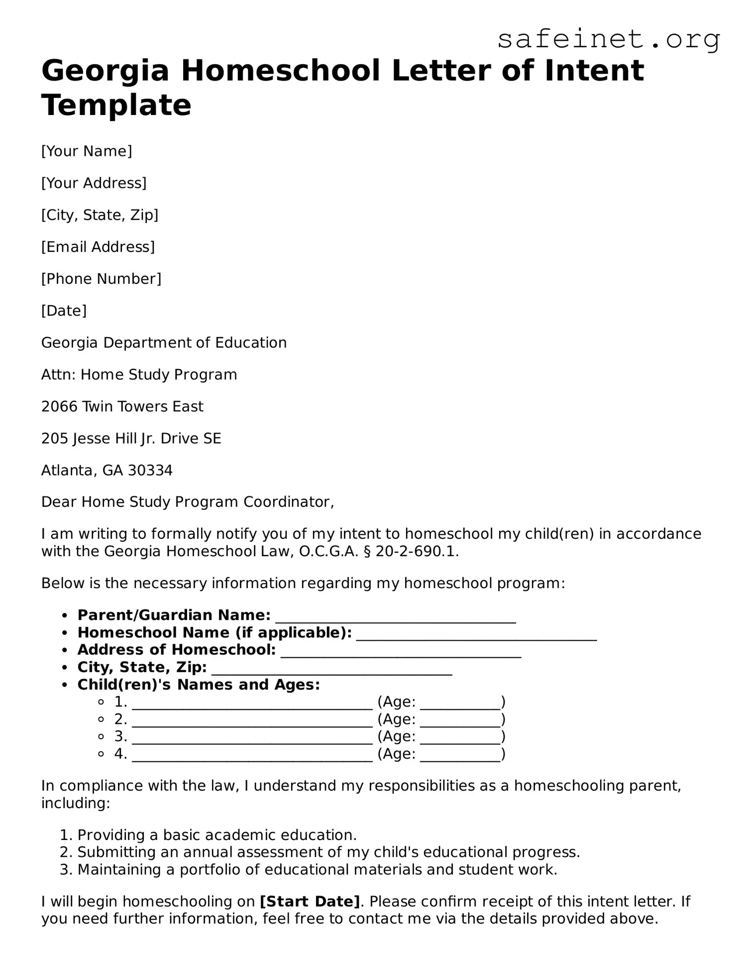 Valid Homeschool Letter of Intent Template for the State of Georgia