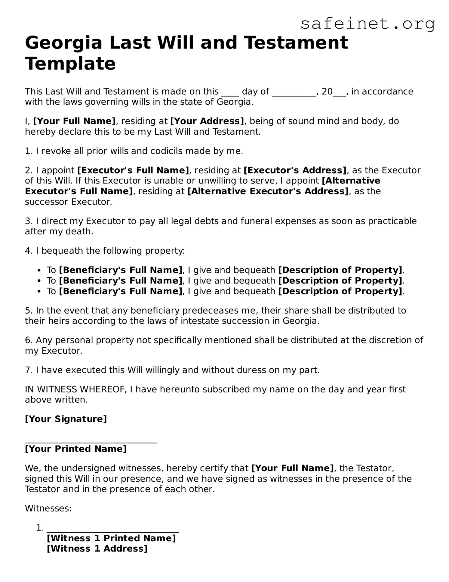 Valid Last Will and Testament Template for the State of Georgia