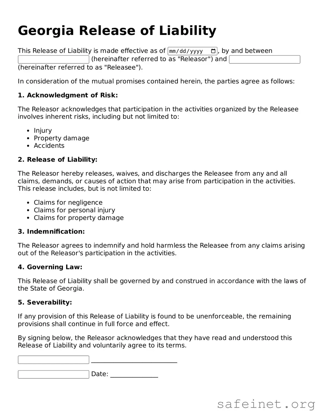 Valid Release of Liability Template for the State of Georgia
