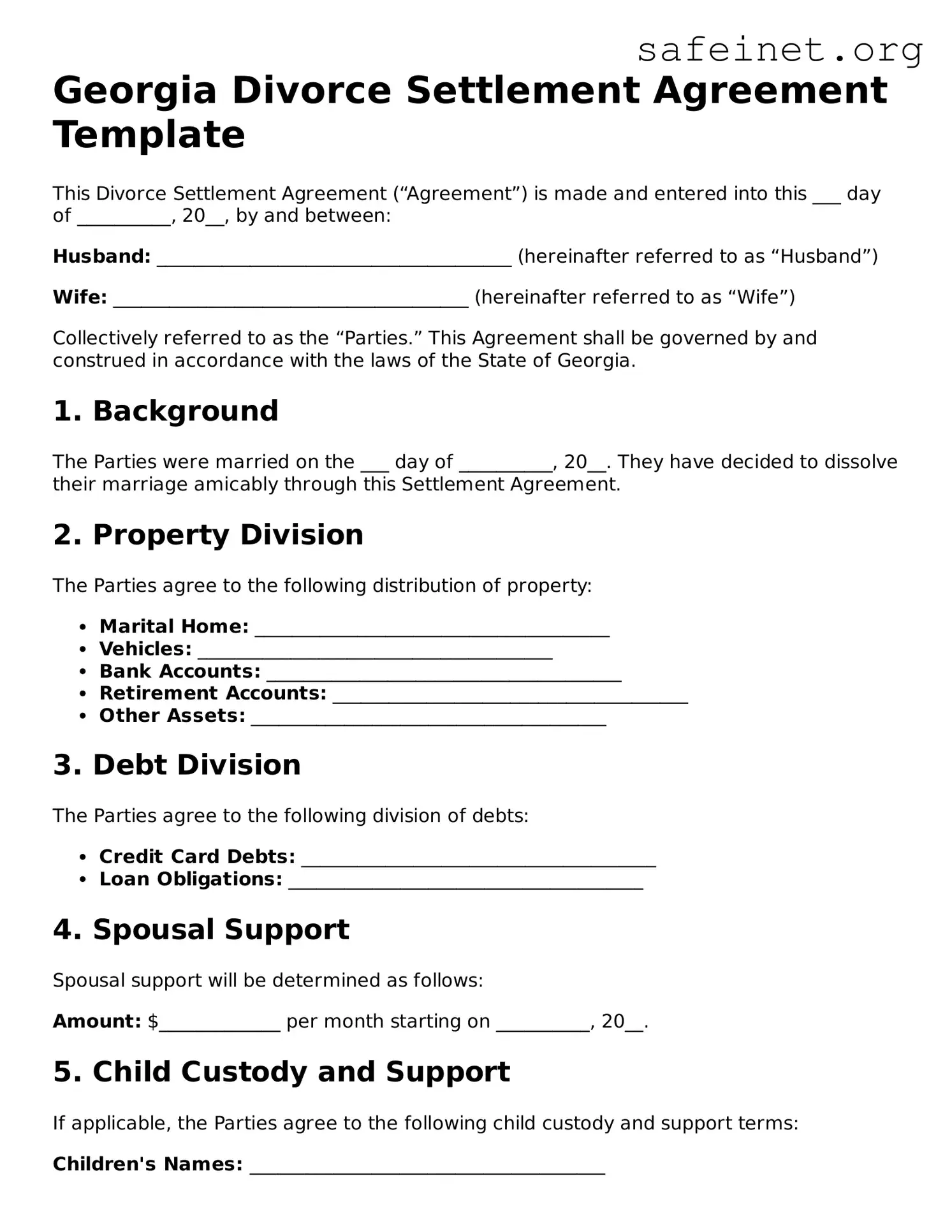 Valid Divorce Settlement Agreement Template for the State of Georgia