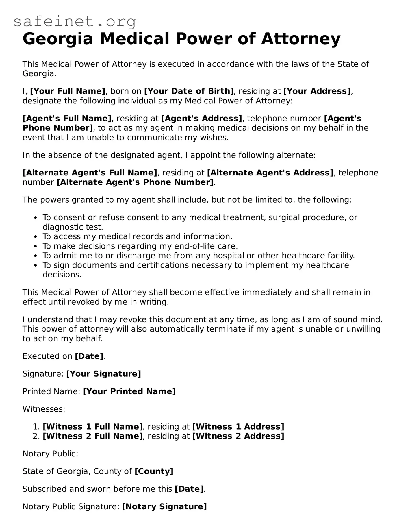Valid Medical Power of Attorney Template for the State of Georgia