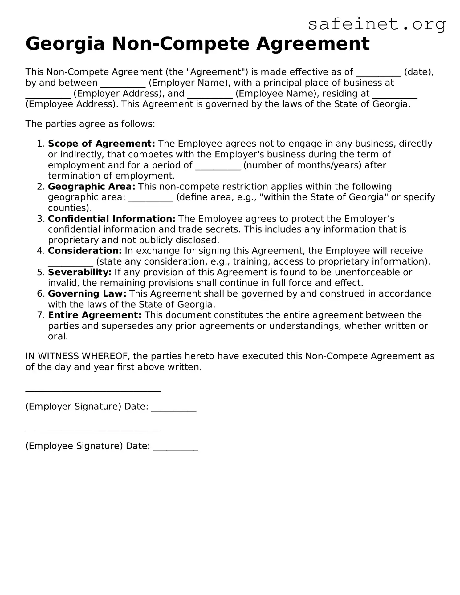 Valid Non-compete Agreement Template for the State of Georgia