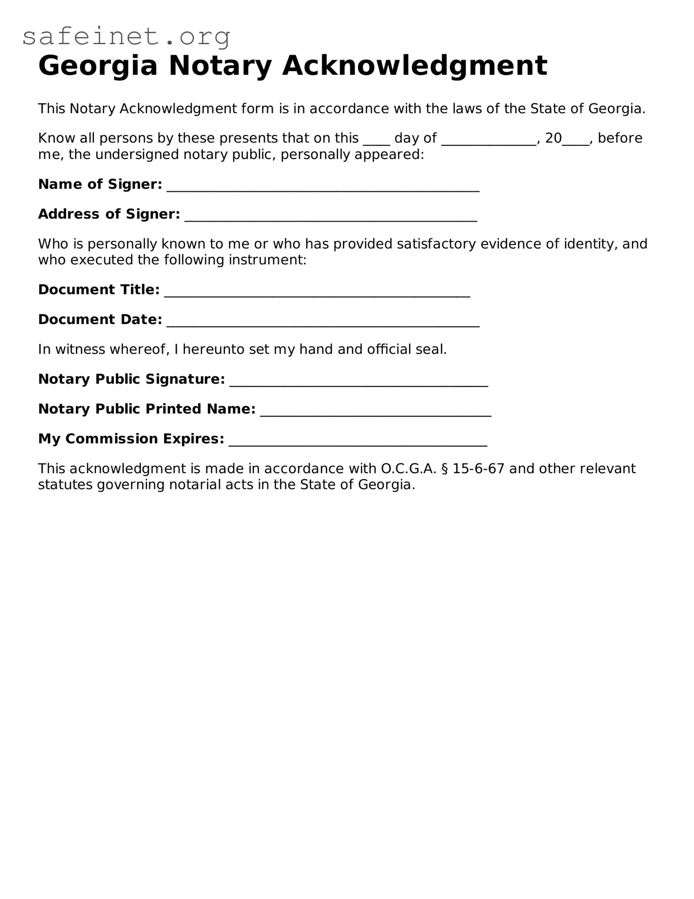 Valid Notary Acknowledgement Template for the State of Georgia