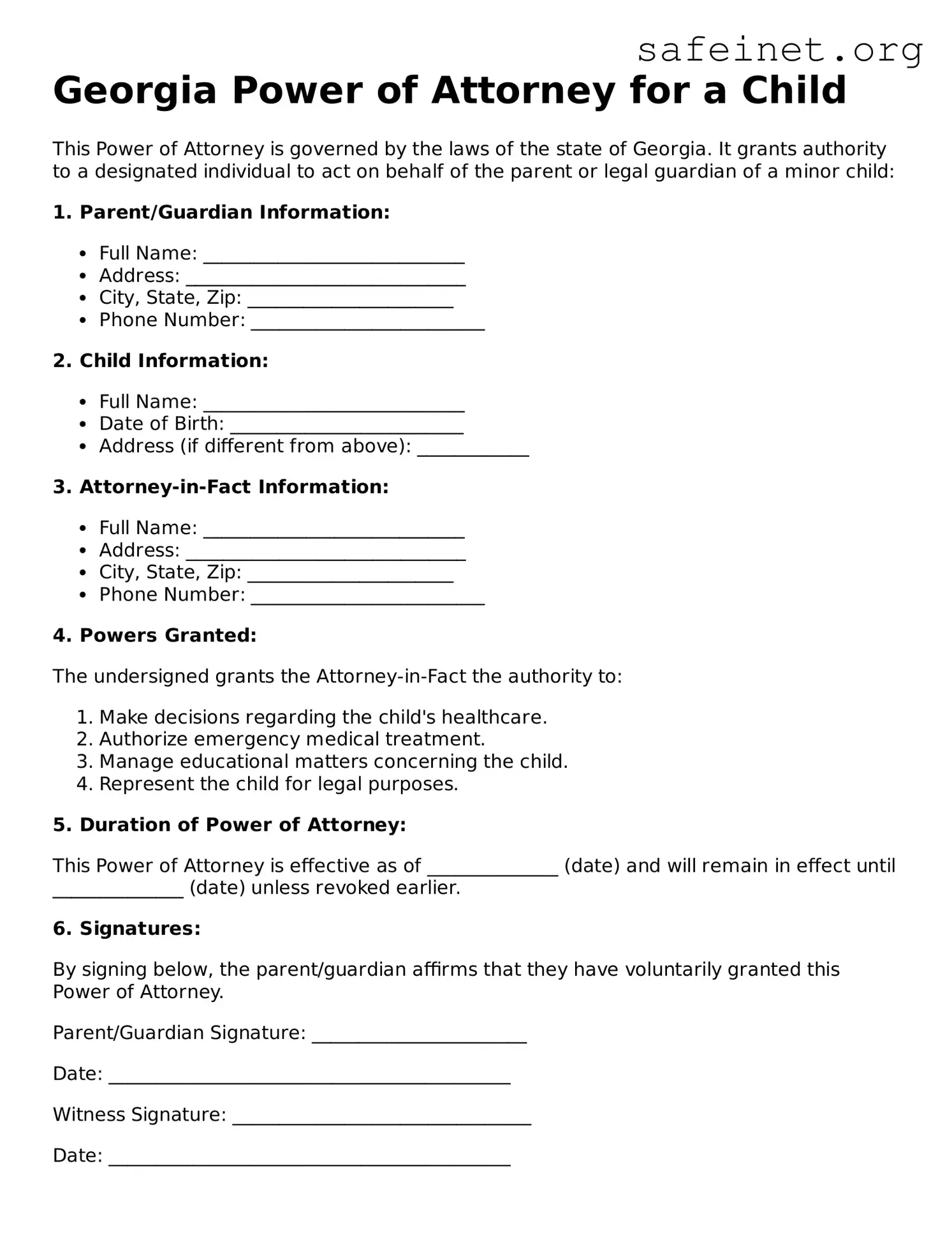 Valid Power of Attorney for a Child Template for the State of Georgia