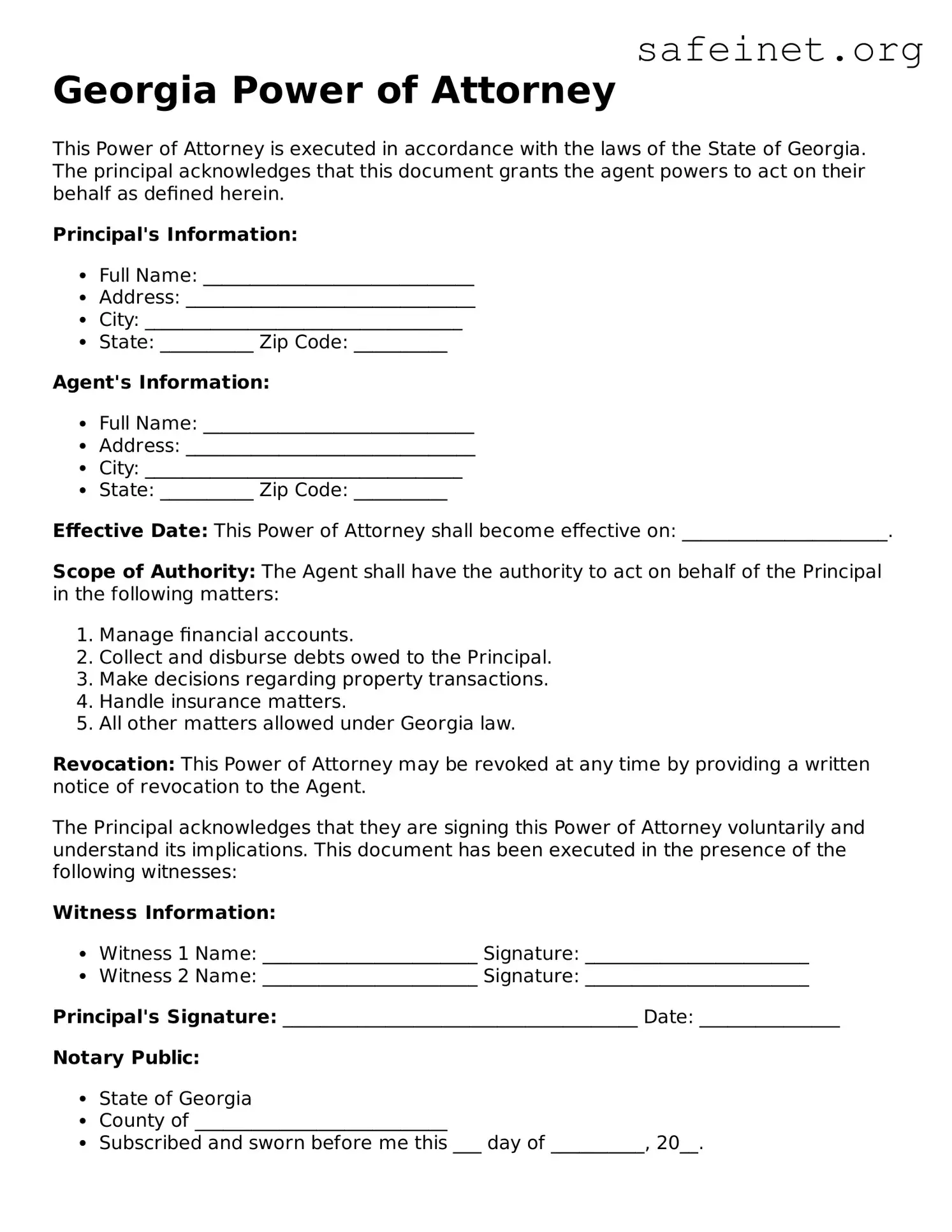 Valid Power of Attorney Template for the State of Georgia