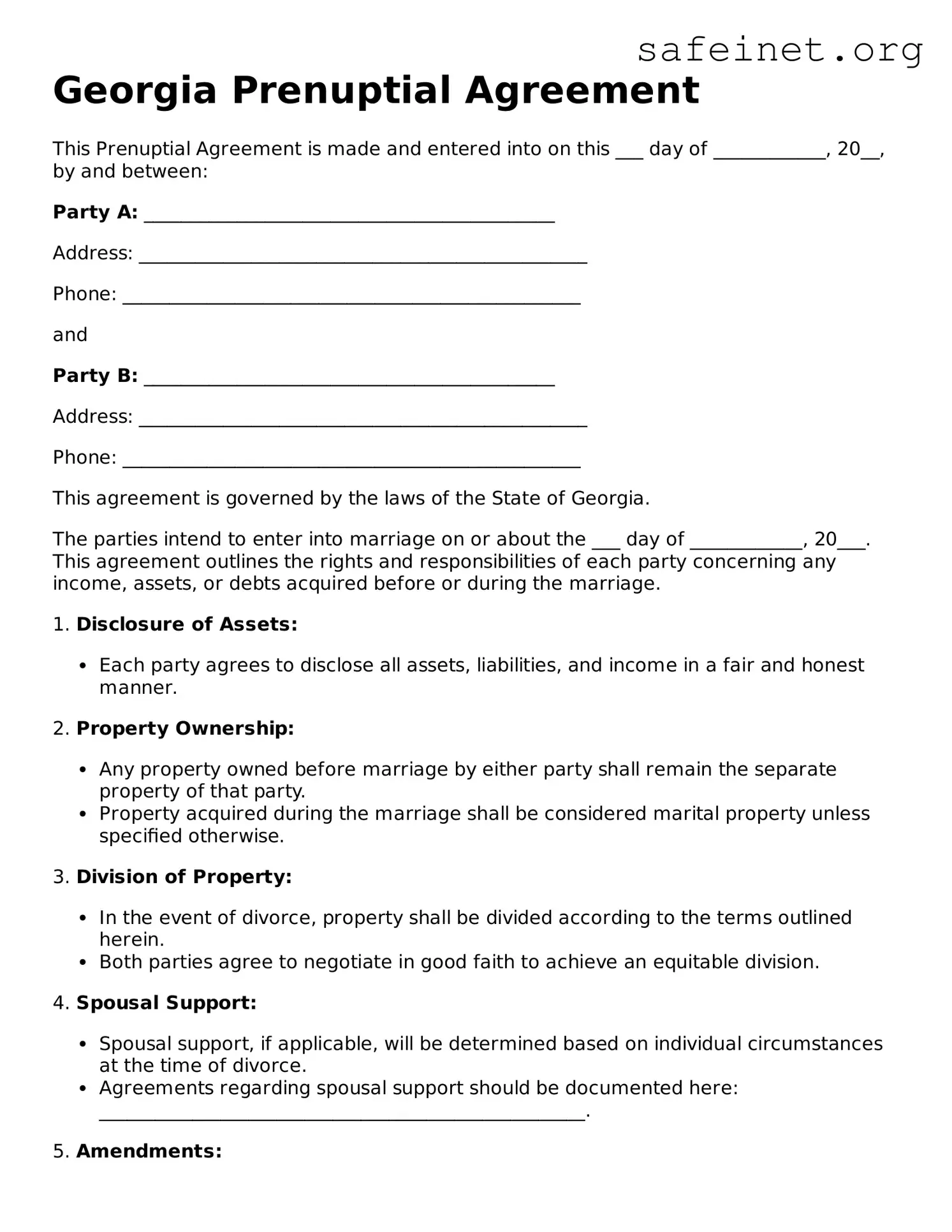 Valid Prenuptial Agreement Template for the State of Georgia