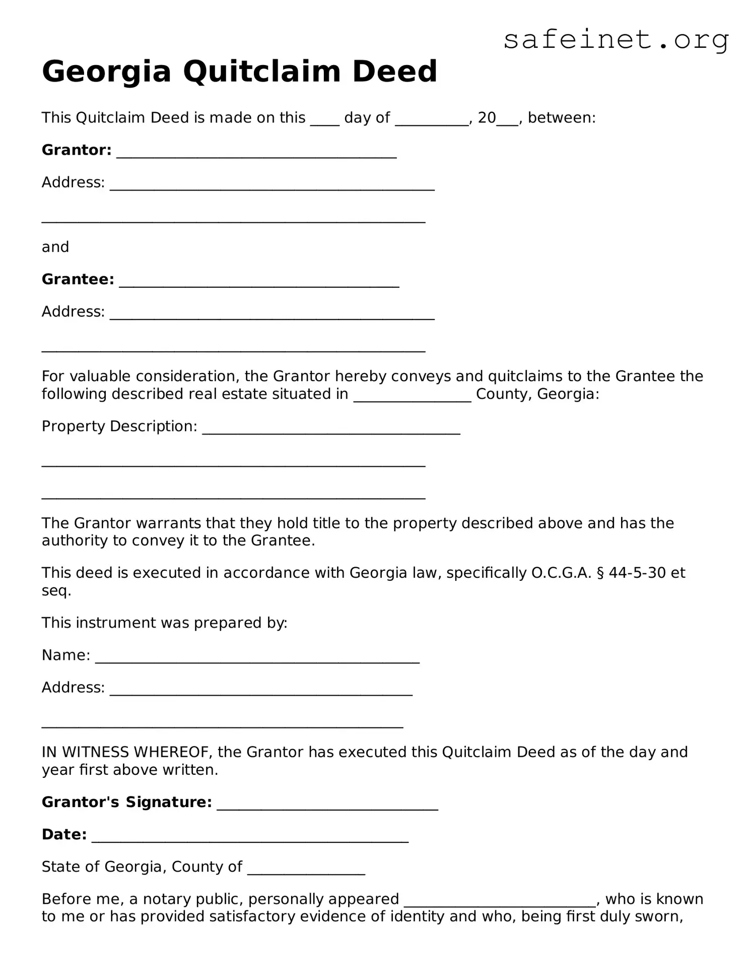 Valid Quitclaim Deed Template for the State of Georgia