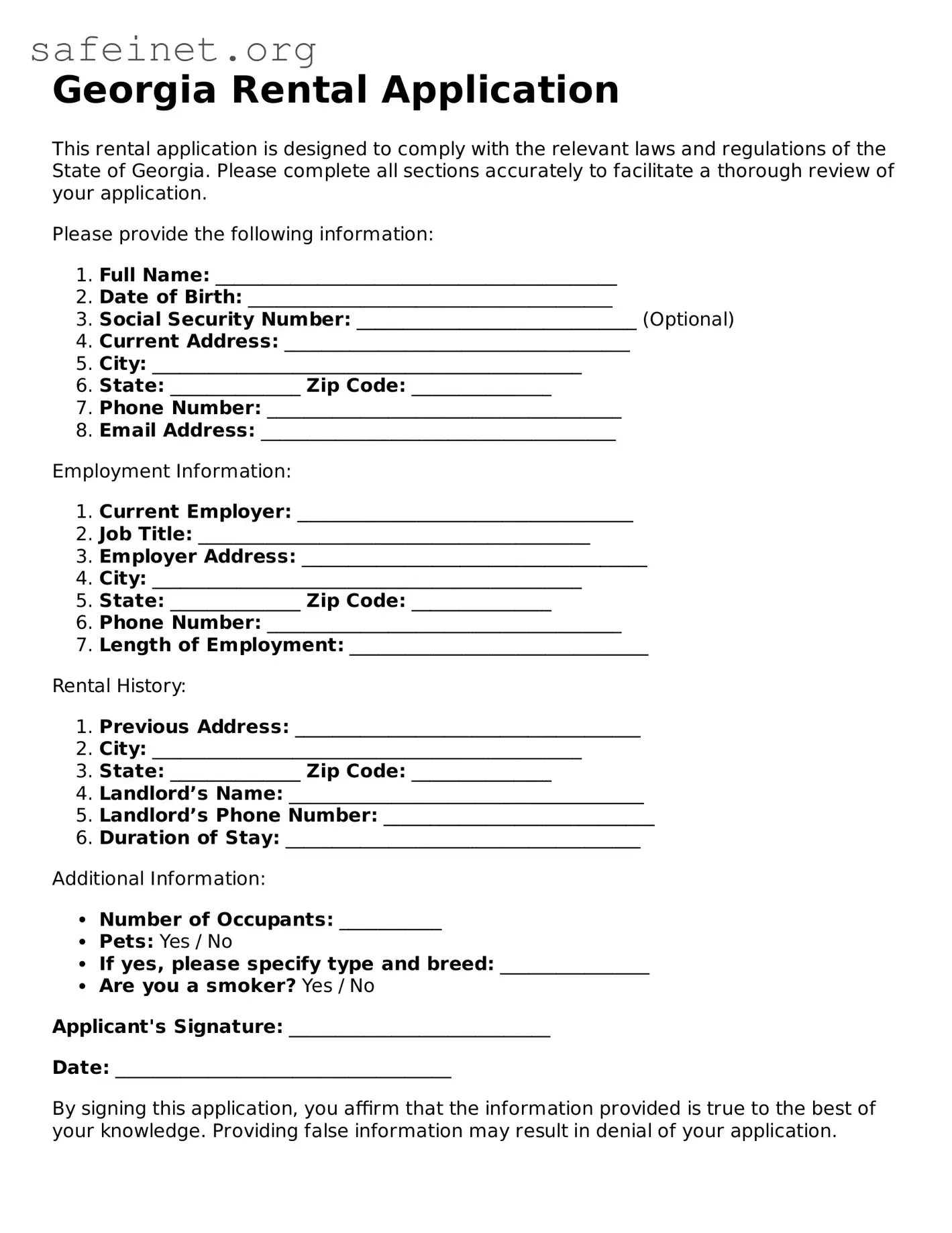 Valid Rental Application Template for the State of Georgia