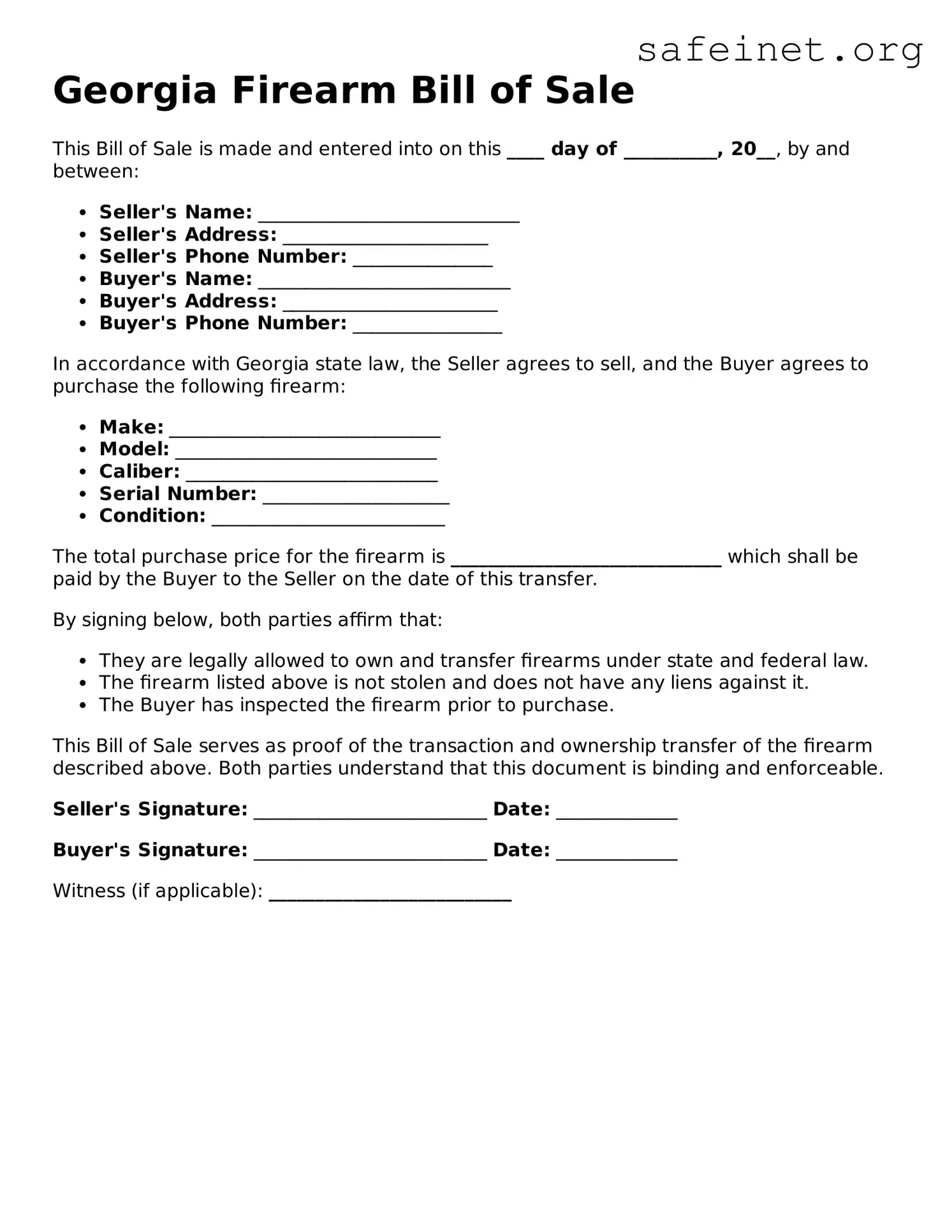 Valid Firearm Bill of Sale Template for the State of Georgia