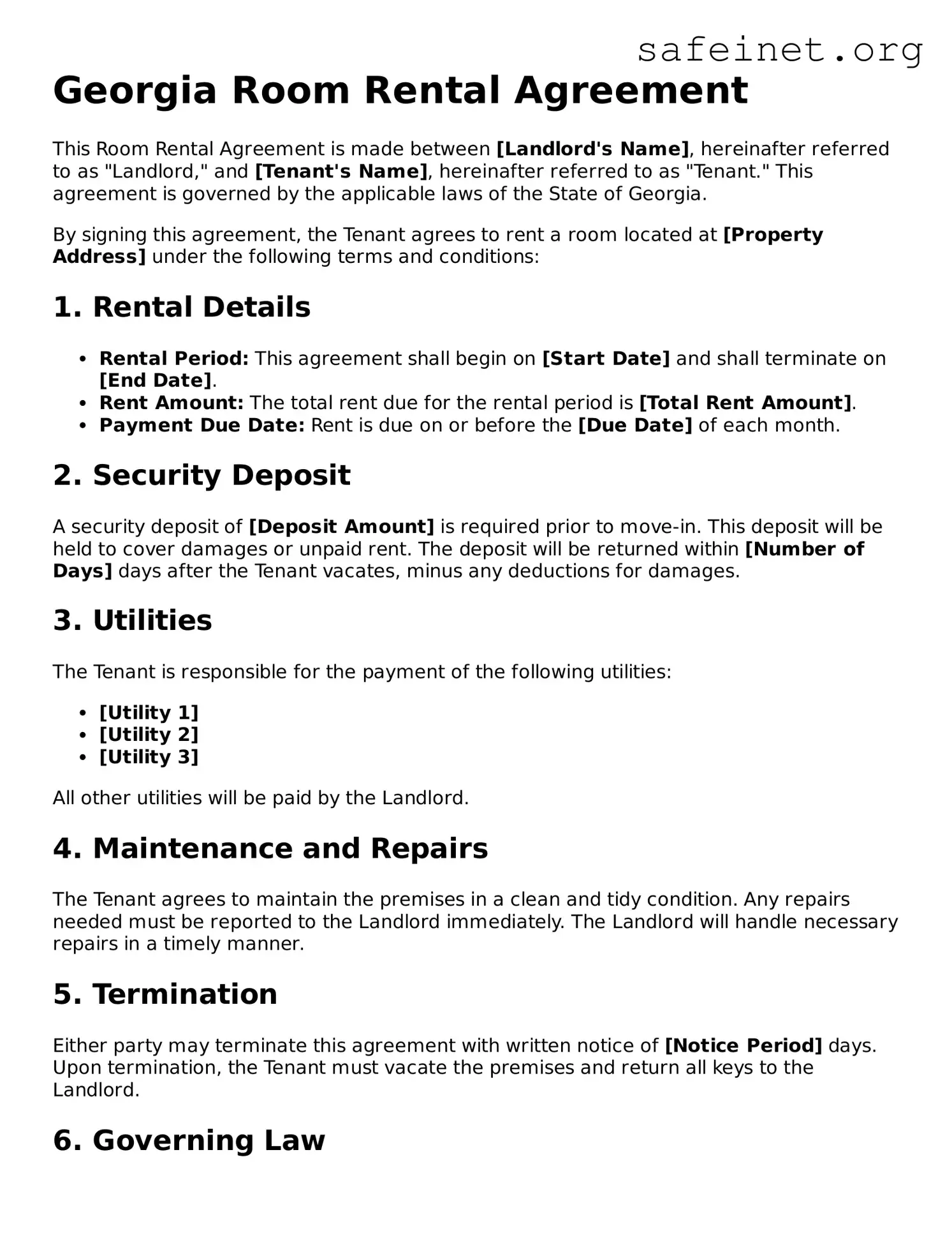 Valid Room Rental Agreement Template for the State of Georgia