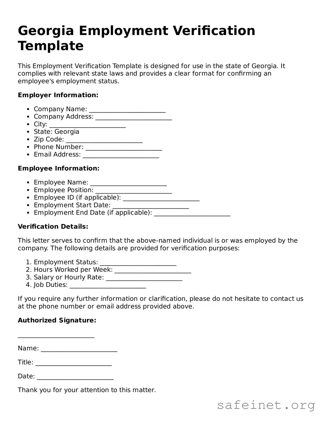 Valid Employment Verification Template for the State of Georgia