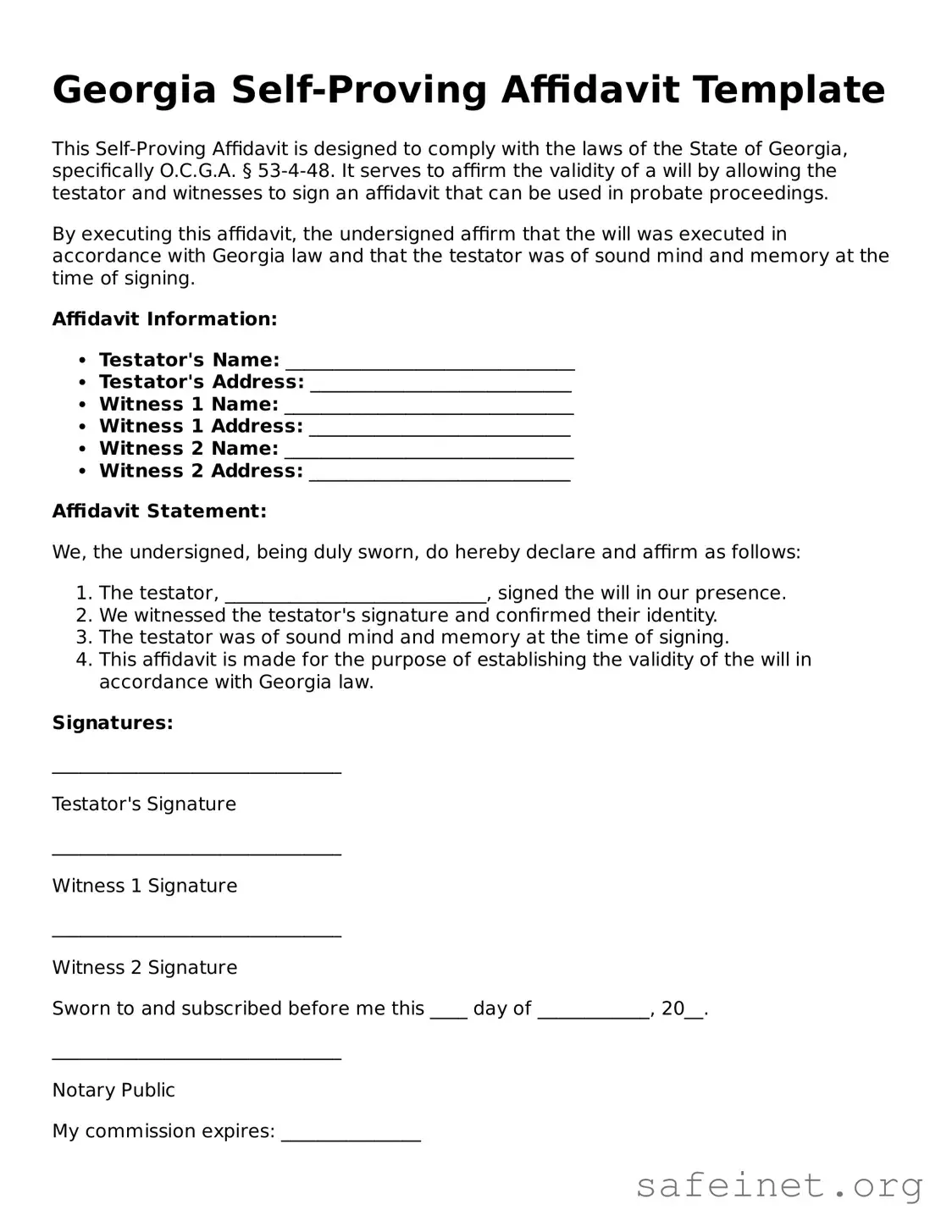 Valid Self-Proving Affidavit Template for the State of Georgia