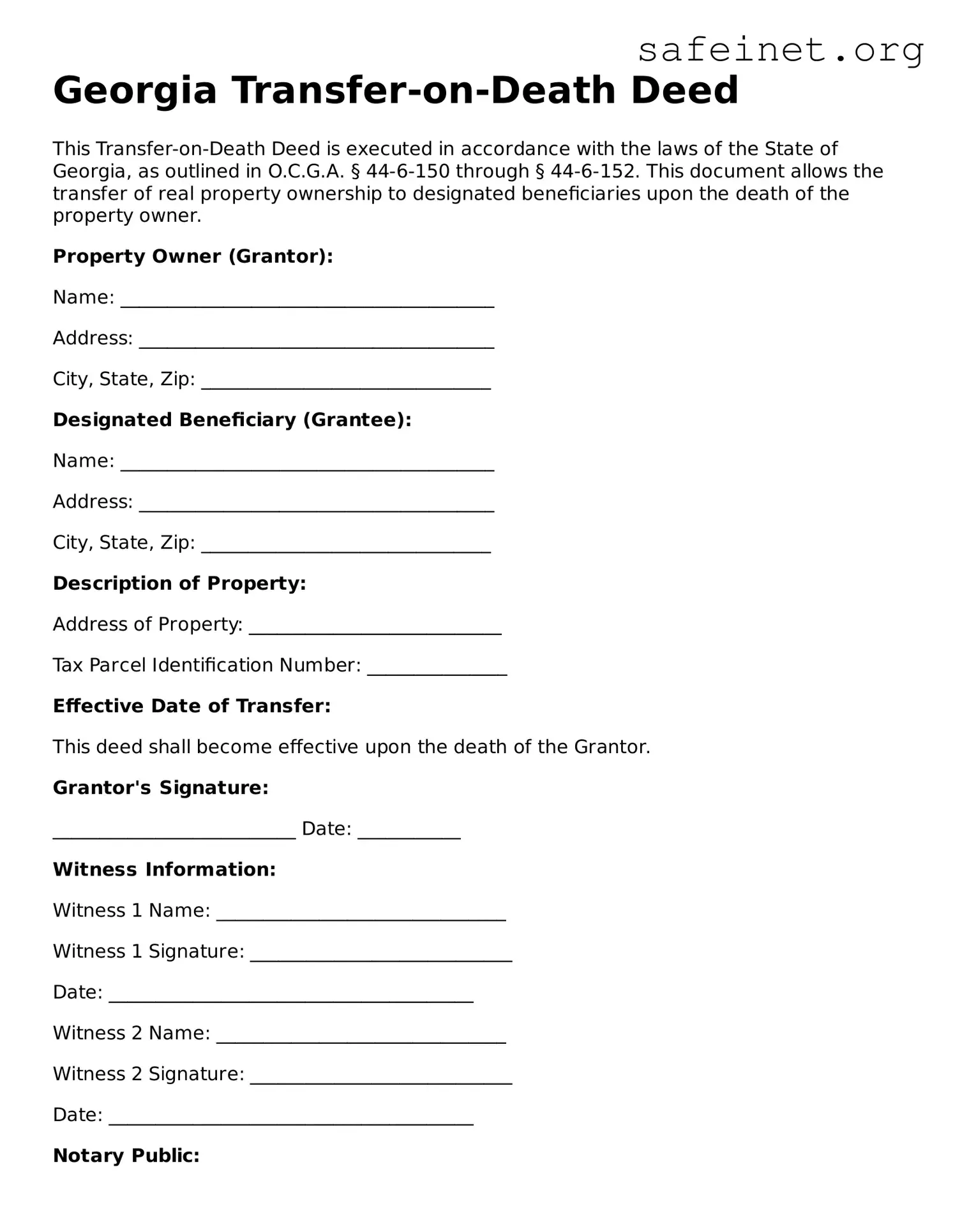 Valid Transfer-on-Death Deed Template for the State of Georgia