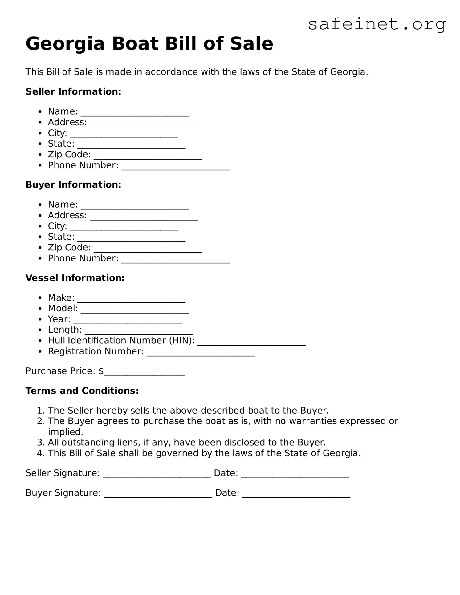 Valid Boat Bill of Sale Template for the State of Georgia