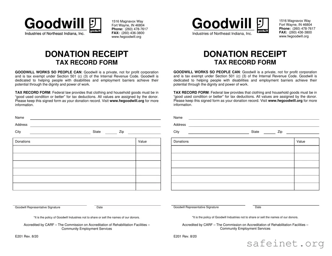 Blank Goodwill donation receipt Template