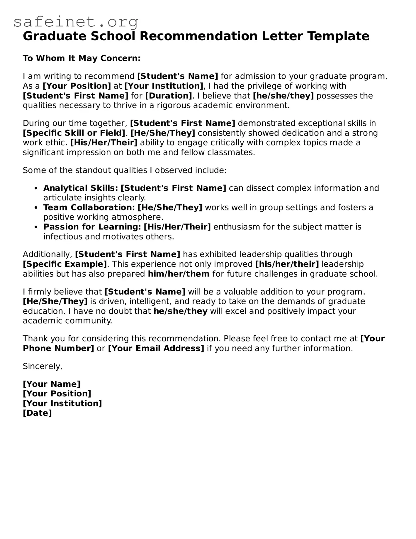 Official Graduate School Recommendation Letter Document