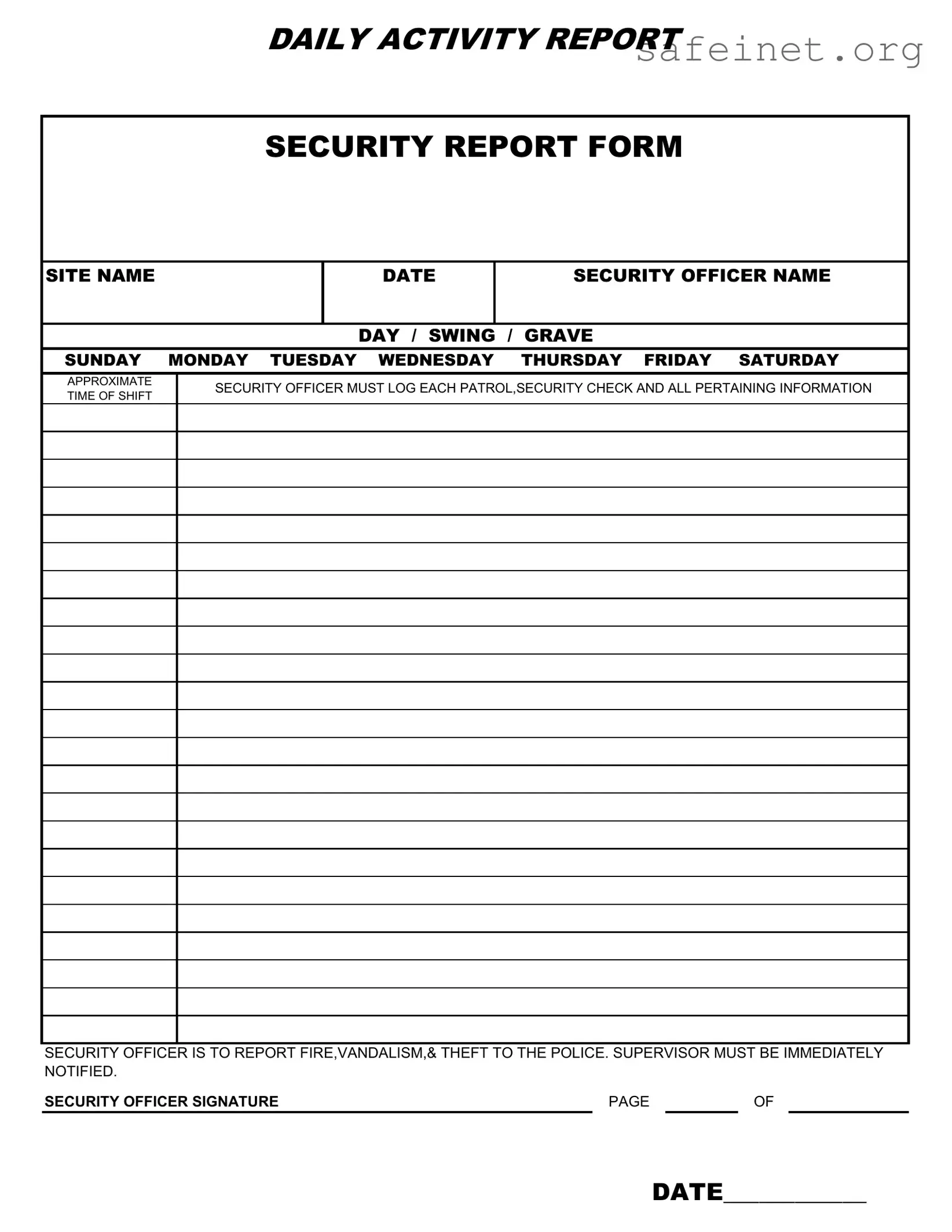 Blank Security Guard Daily Report Sample Template