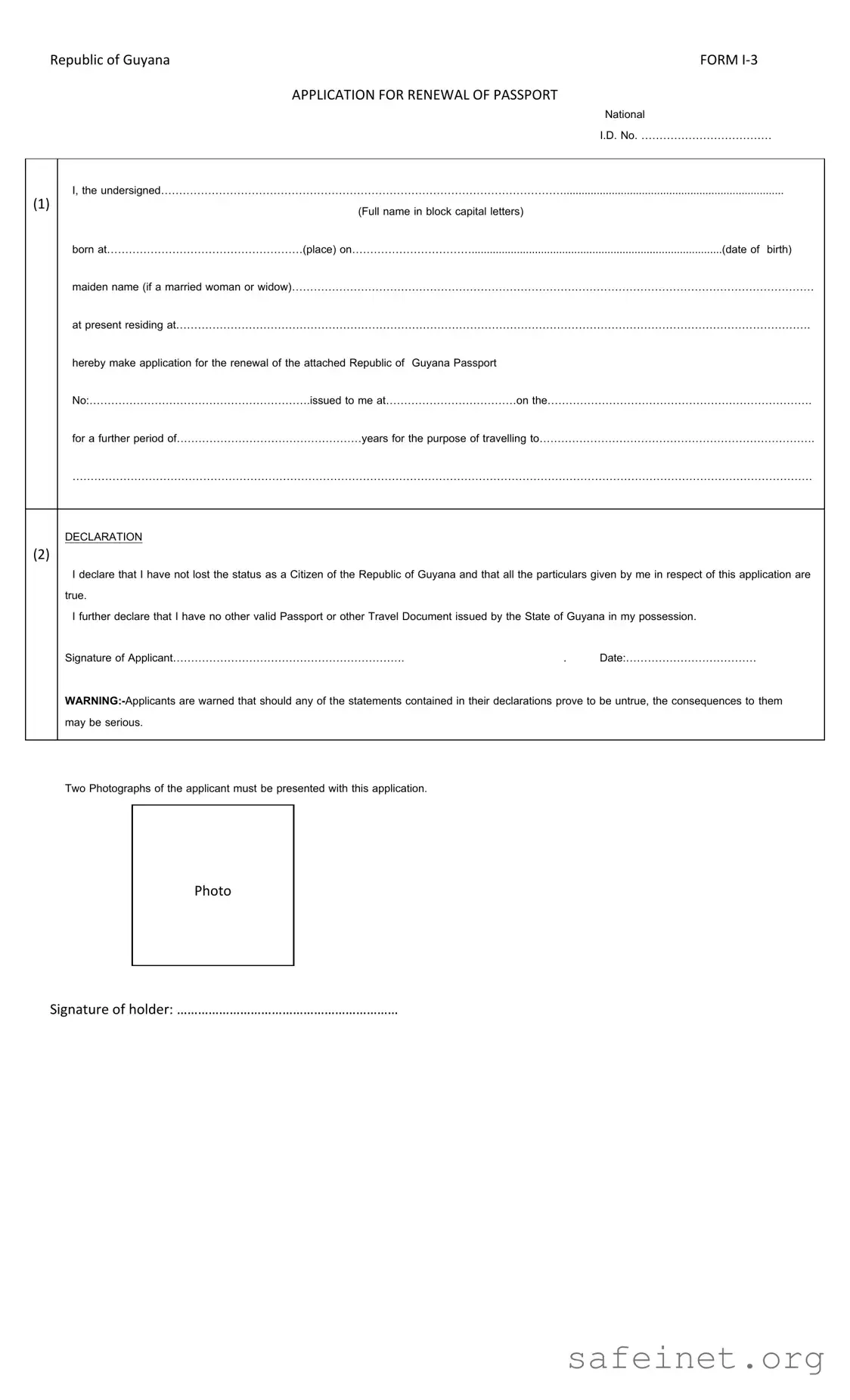 Blank Guyana Passport Renewal Template