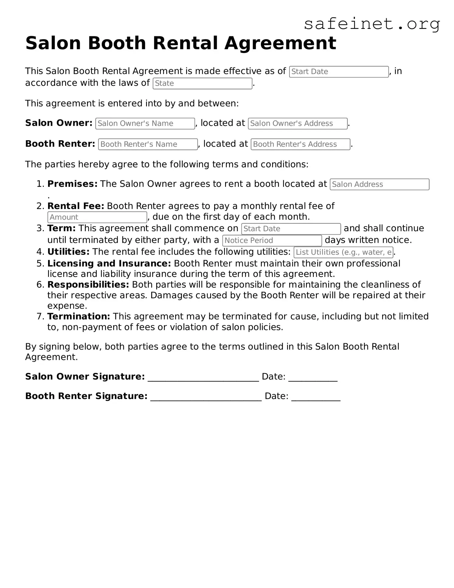 Official Salon Booth Rental Agreement Document