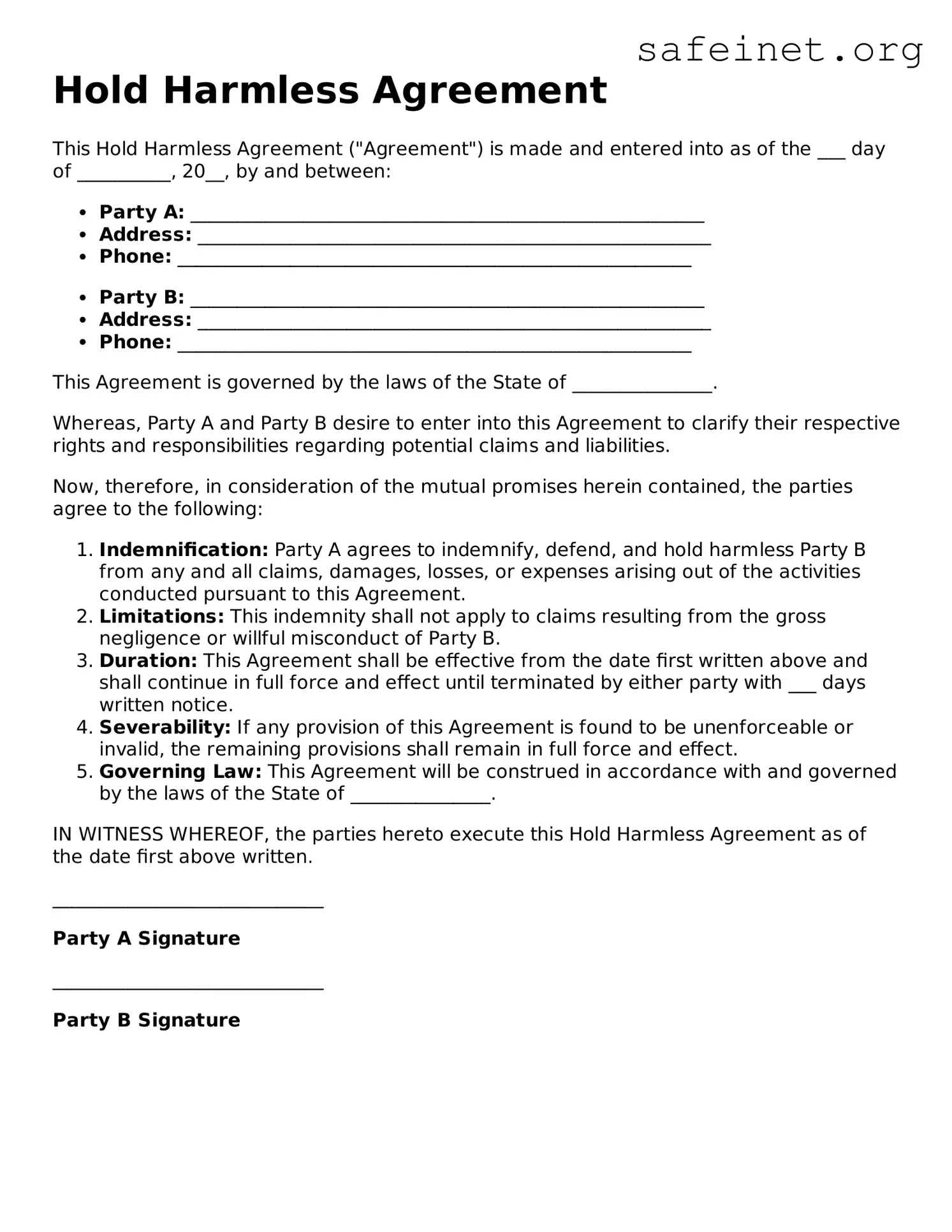Official Hold Harmless Agreement Document