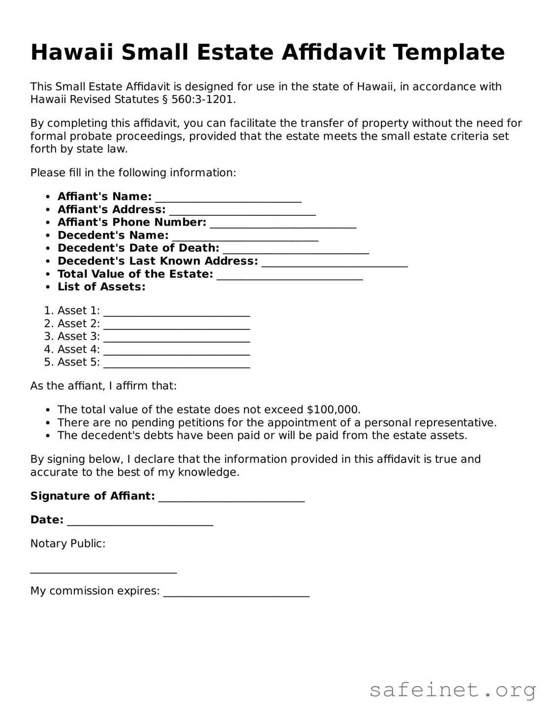 Valid Small Estate Affidavit Template for the State of Hawaii