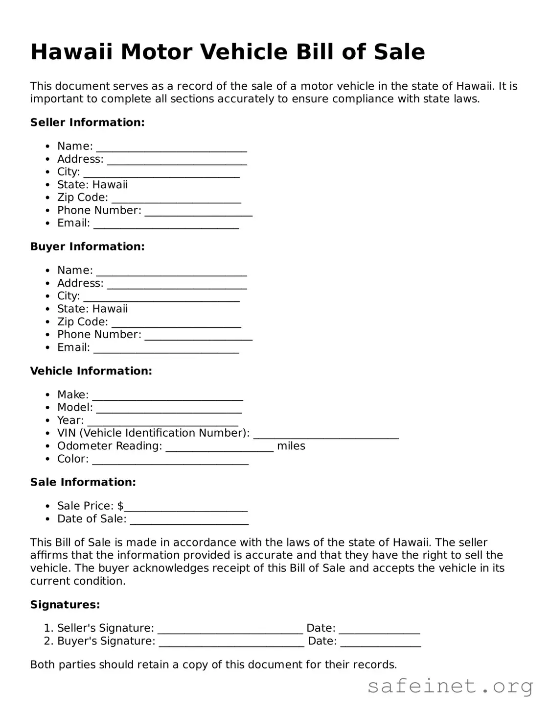 Valid Motor Vehicle Bill of Sale Template for the State of Hawaii