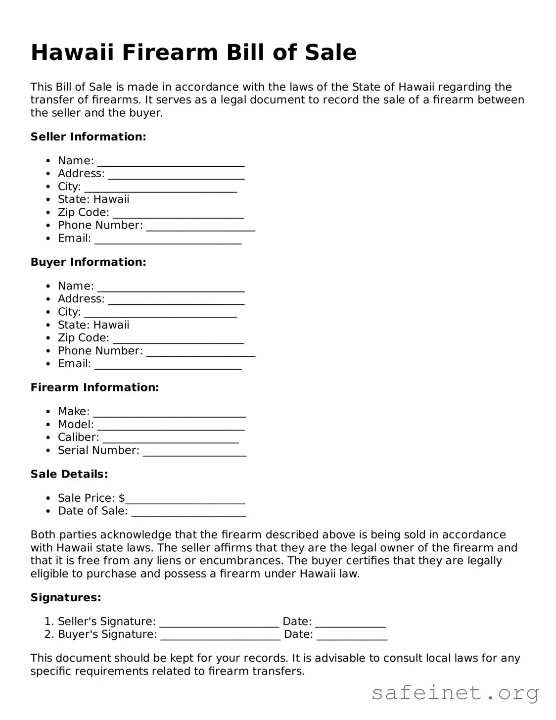 Valid Firearm Bill of Sale Template for the State of Hawaii