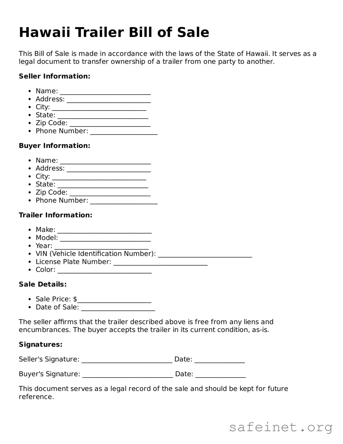 Valid Trailer Bill of Sale Template for the State of Hawaii