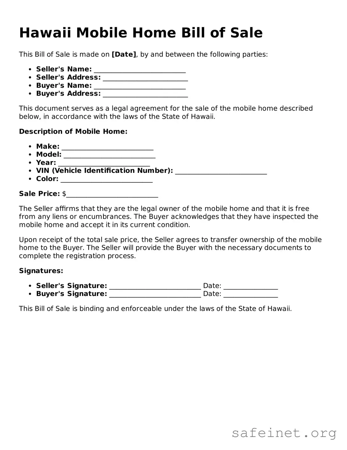 Valid Mobile Home Bill of Sale Template for the State of Hawaii