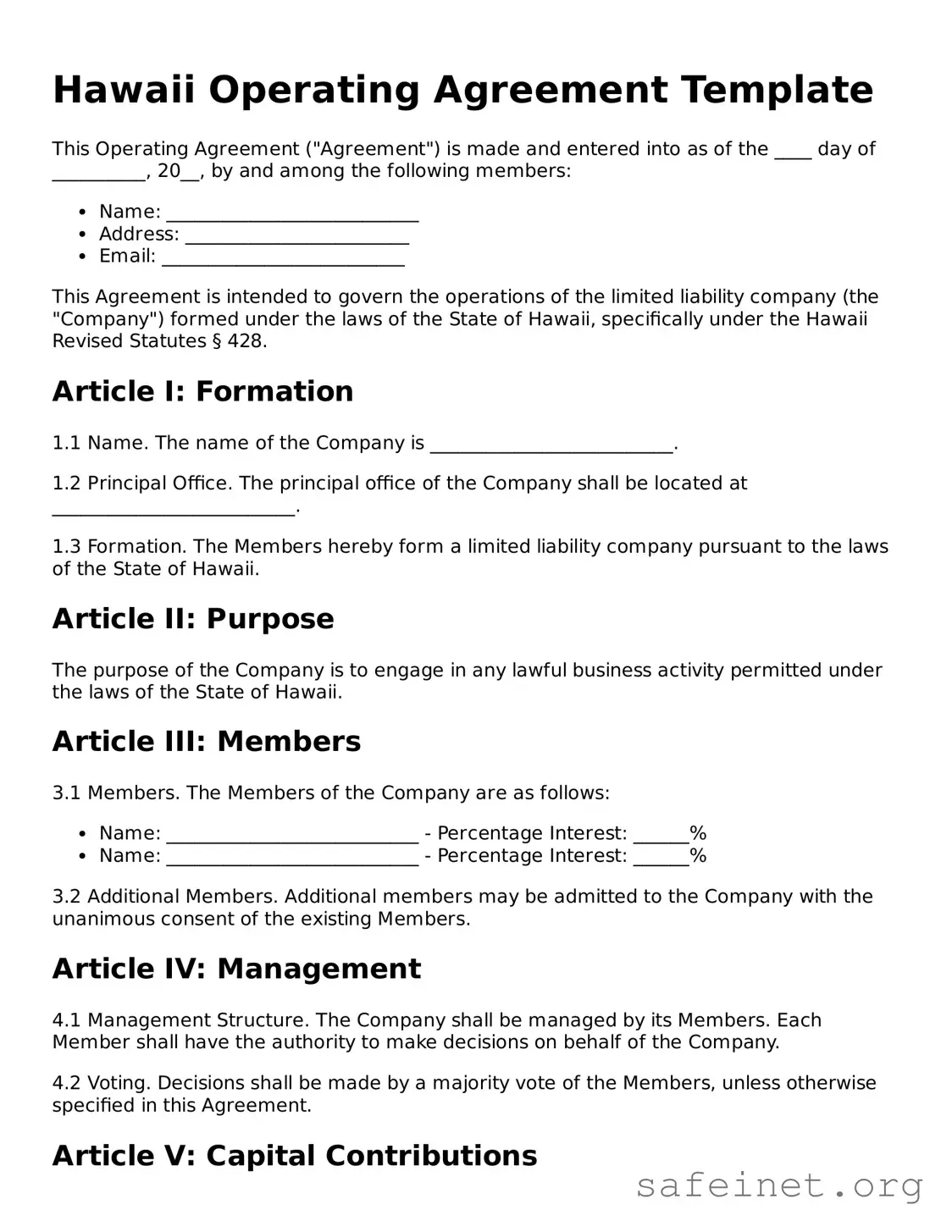 Valid Operating Agreement Template for the State of Hawaii