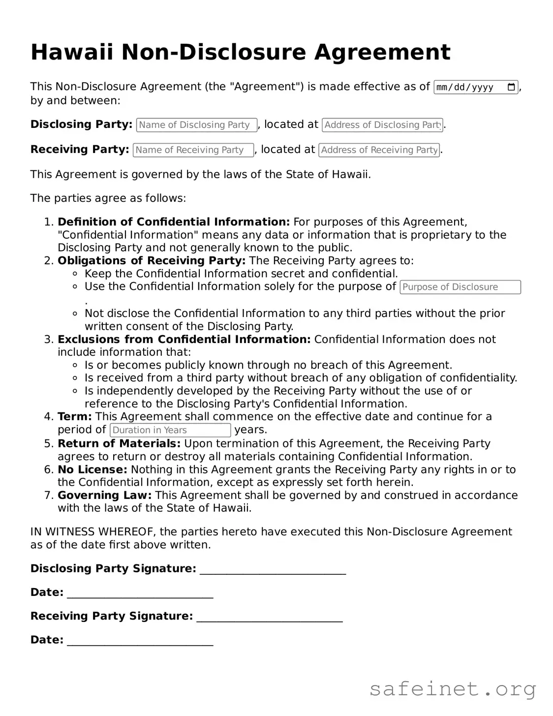 Valid Non-disclosure Agreement Template for the State of Hawaii