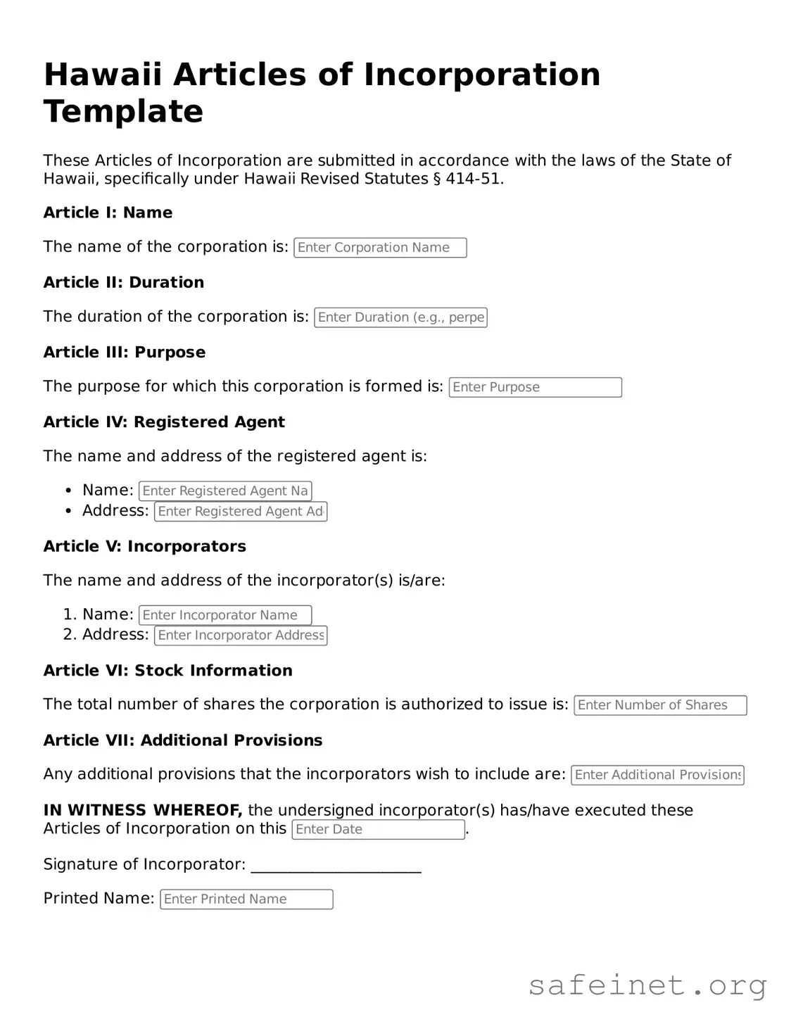 Valid Articles of Incorporation Template for the State of Hawaii
