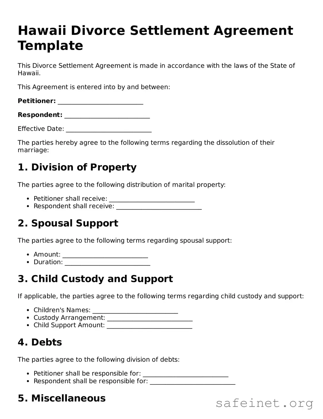 Valid Divorce Settlement Agreement Template for the State of Hawaii