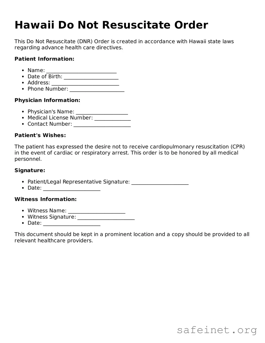 Valid Do Not Resuscitate Order Template for the State of Hawaii