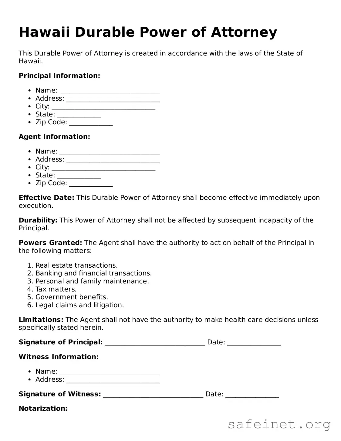 Valid Durable Power of Attorney Template for the State of Hawaii
