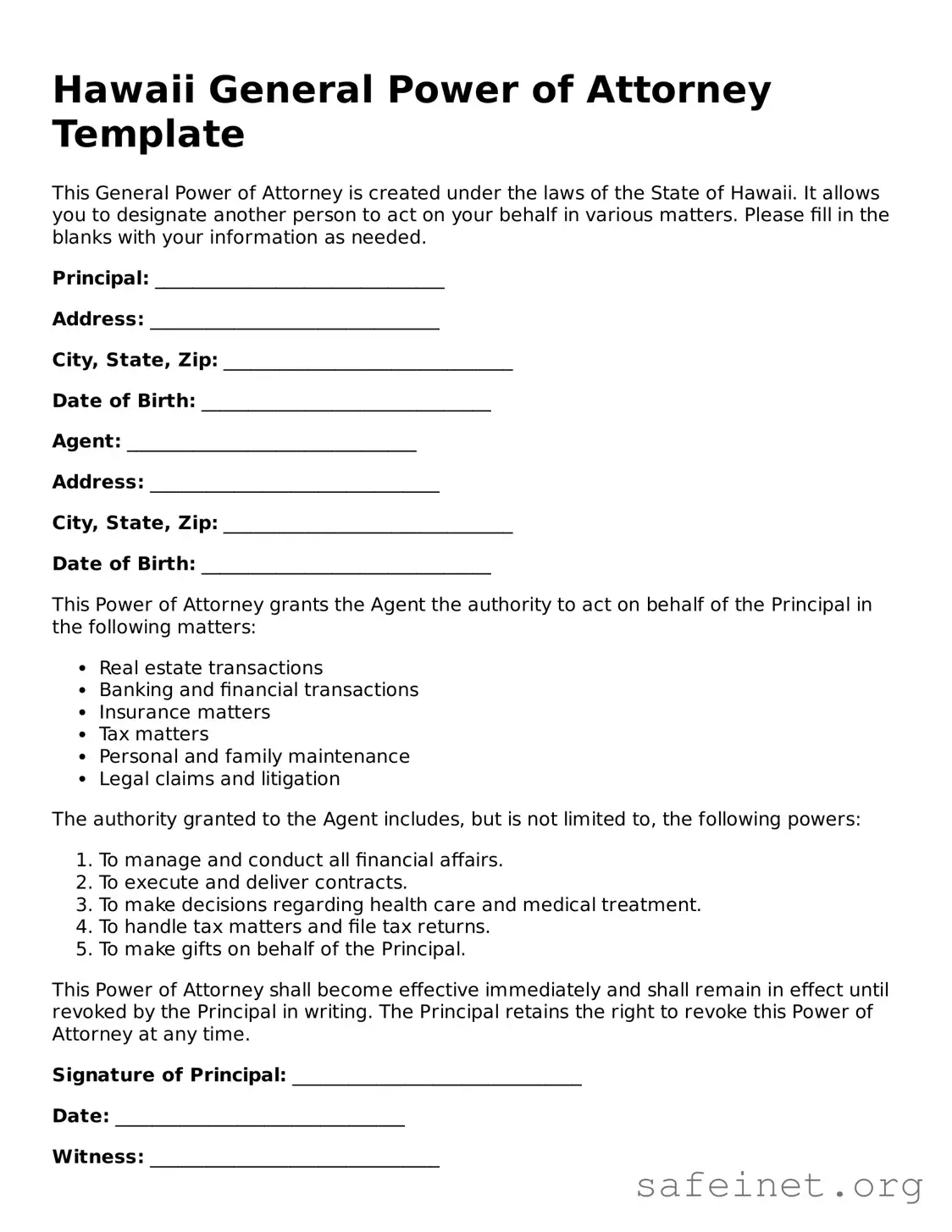 Valid General Power of Attorney Template for the State of Hawaii