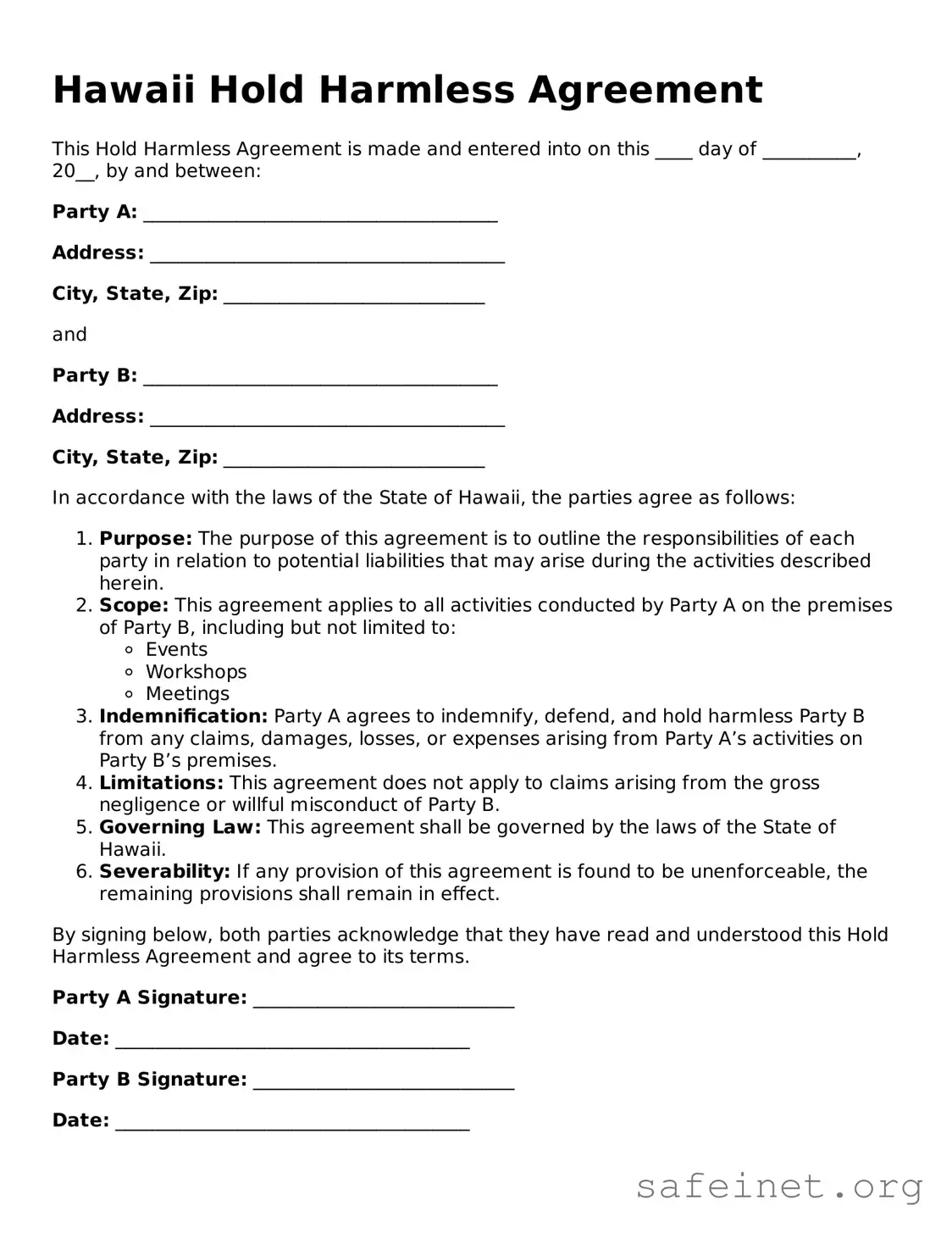 Valid Hold Harmless Agreement Template for the State of Hawaii