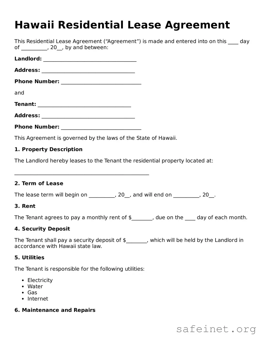 Valid Residential Lease Agreement Template for the State of Hawaii
