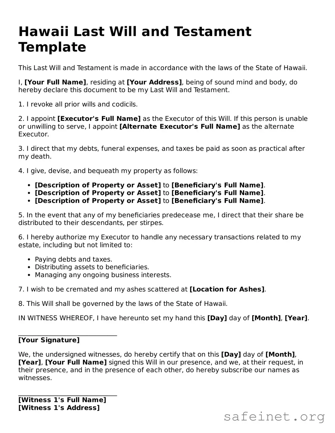Valid Last Will and Testament Template for the State of Hawaii