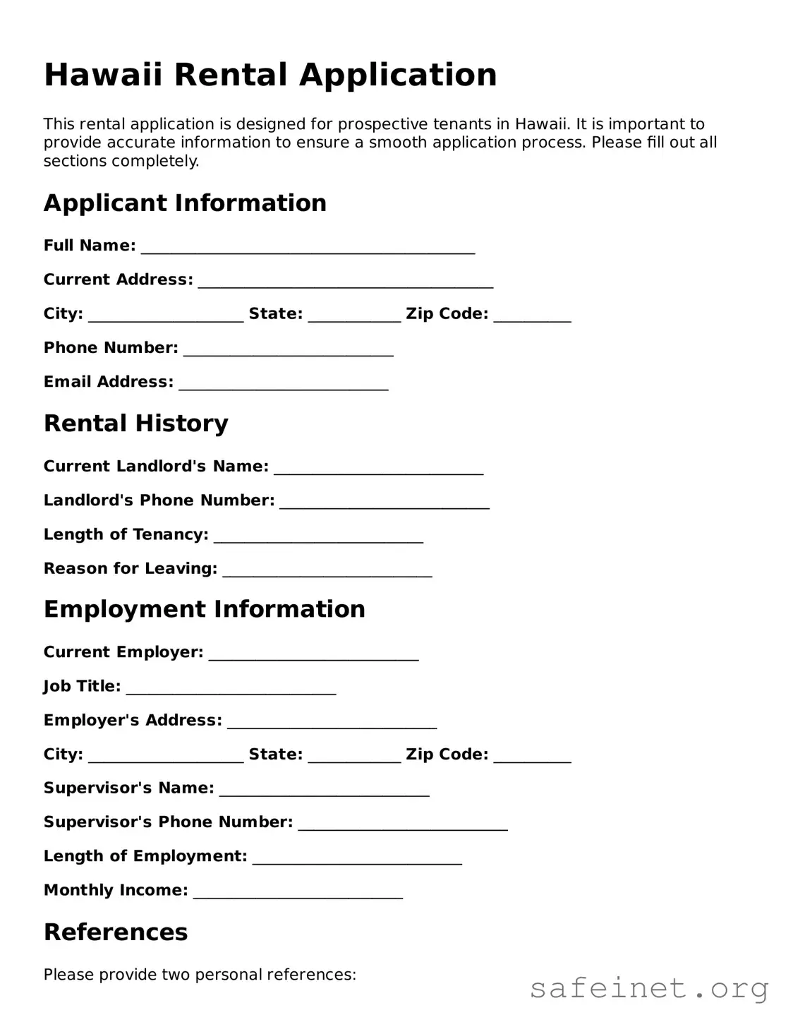 Valid Rental Application Template for the State of Hawaii
